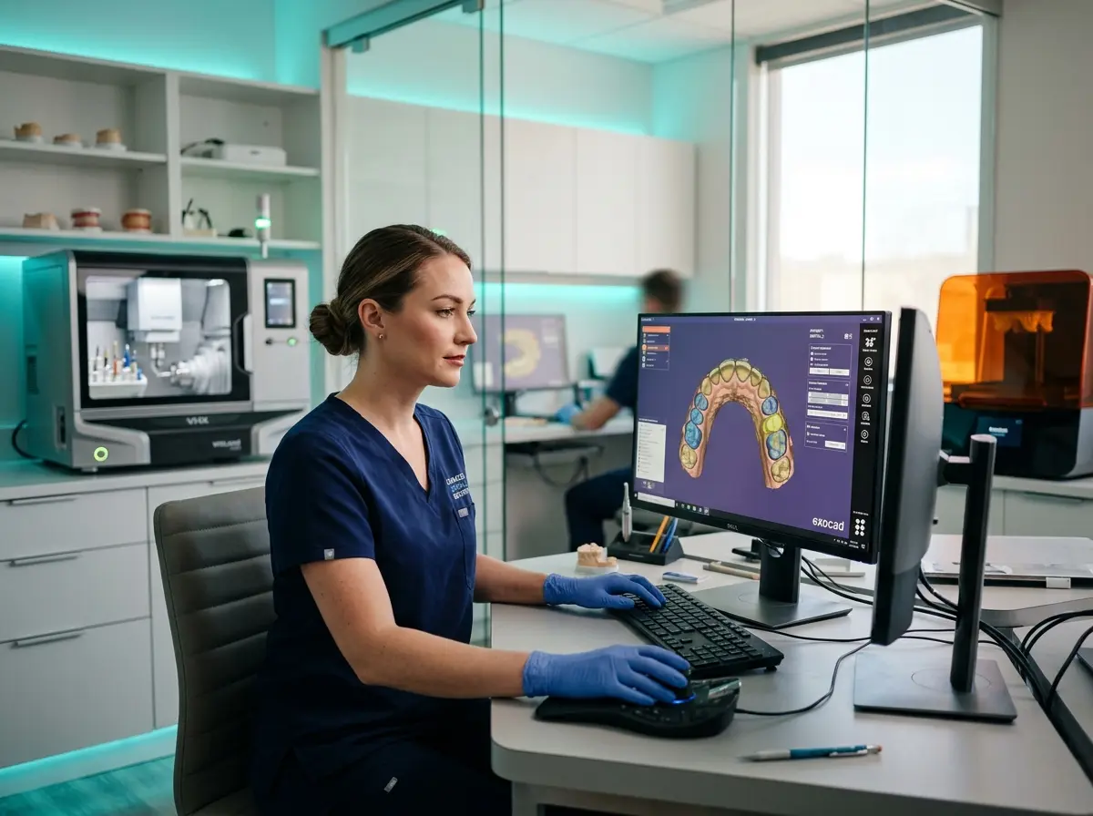 Digital dental technician designing dental prosthetics in CAD software